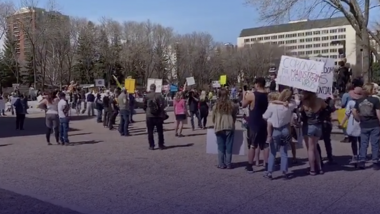 Hundreds protest coronavirus lockdowns at Alberta Legislature
