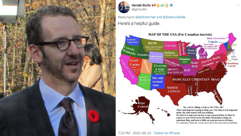 Gerald Butts tweets US map that labels states “white Congo” and “rape central”