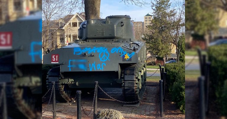 D-Day tank vandalized with anti-war message at London, Ont. park