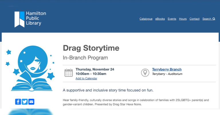 Hamilton library hosts drag queen storytime for “gender-variant” 0 to 4 year olds