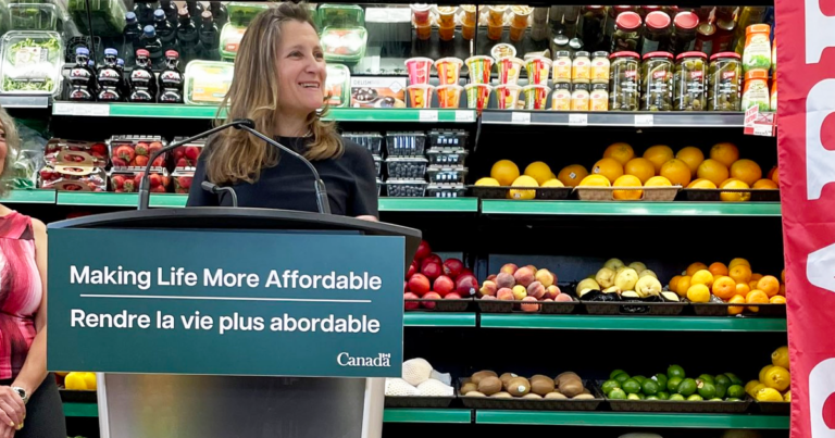 Food price tags were suspiciously missing from Freeland’s rebate photo op