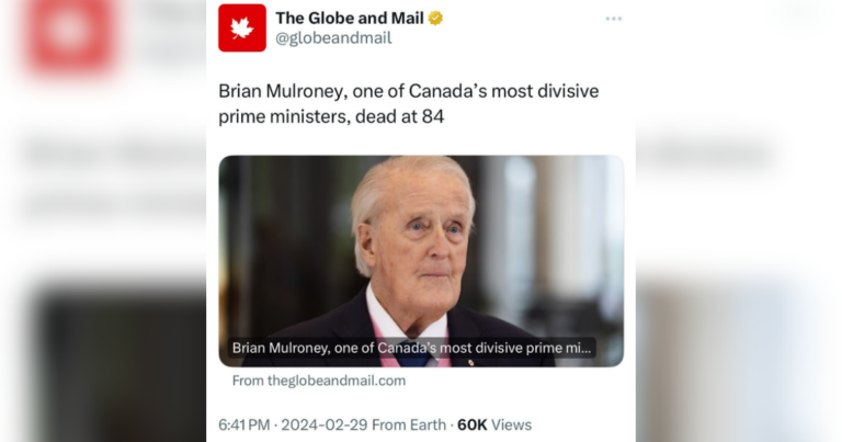Globe and Mail apologizes for obituary that called former PM Brian Mulroney “divisive”