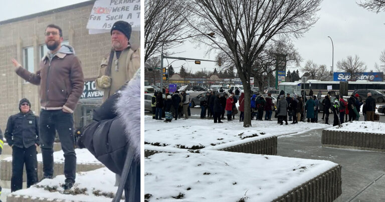 Protesters stand with Take Back Alberta founder at Elections Alberta demonstration