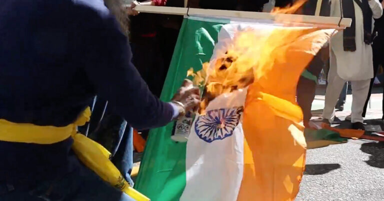 Khalistani protesters burn flag in front of Indian consulate 300 days after killing of Hardeep Singh Nijjar